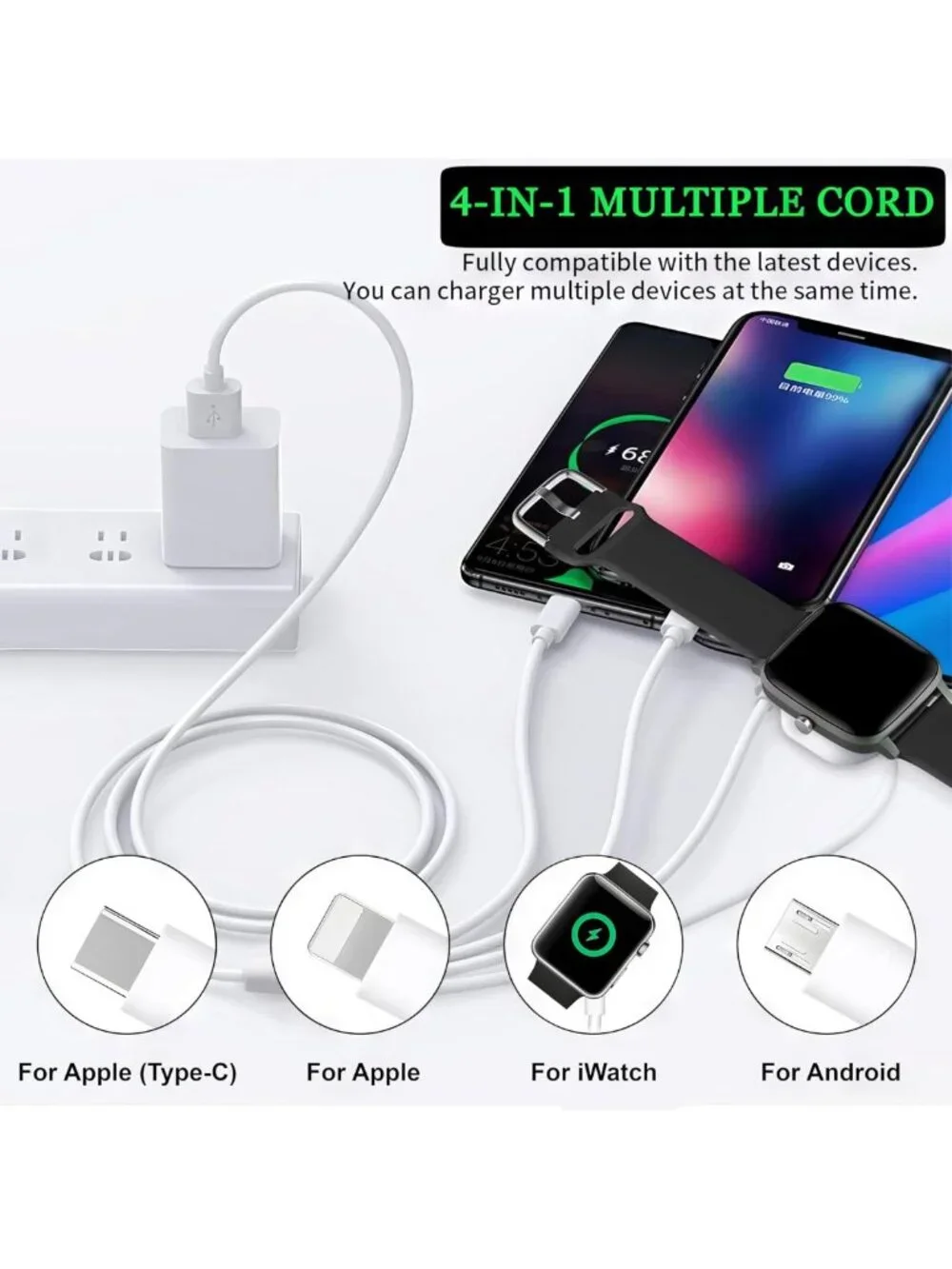 4-in-1 Multi Charging Cable for Apple Watch, iPhone, USB-C & Micro - 4FT Travel